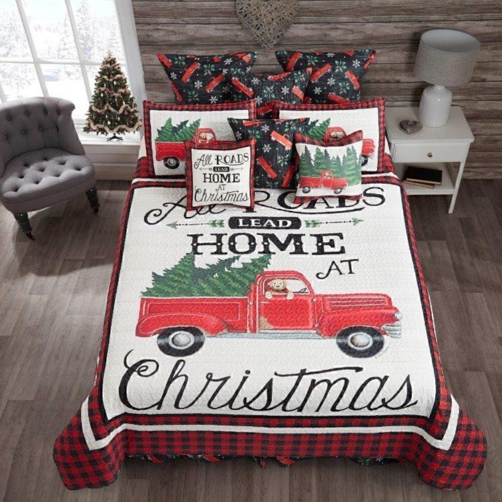 NEW! Farmhouse Old Red Truck Buffalo Plaid Quilt Set Country Christmas Tree Farm